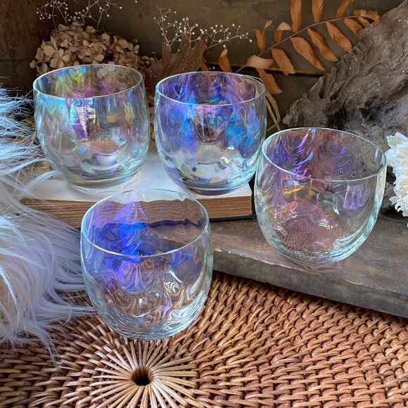Vintage West Virginia Glass Iridescent Drape Loop Optic Set of 4 Glasses Mermaid - Picture 1 of 7